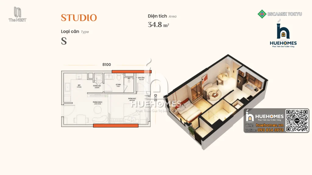 Mặt Bằng Và Phối Cảnh 3D Tổng Thể Căn hộ điển hình Studio