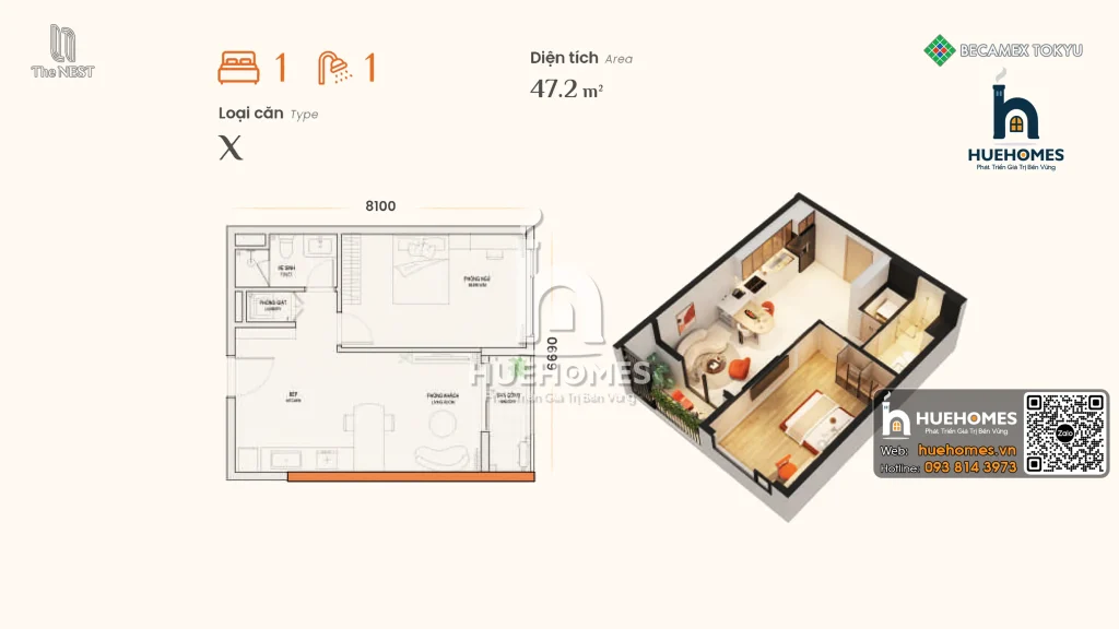 Mặt Bằng Và Phối Cảnh 3D Tổng Thể Căn Hộ 1 Phòng Ngủ Và 1 Vệ Sinh