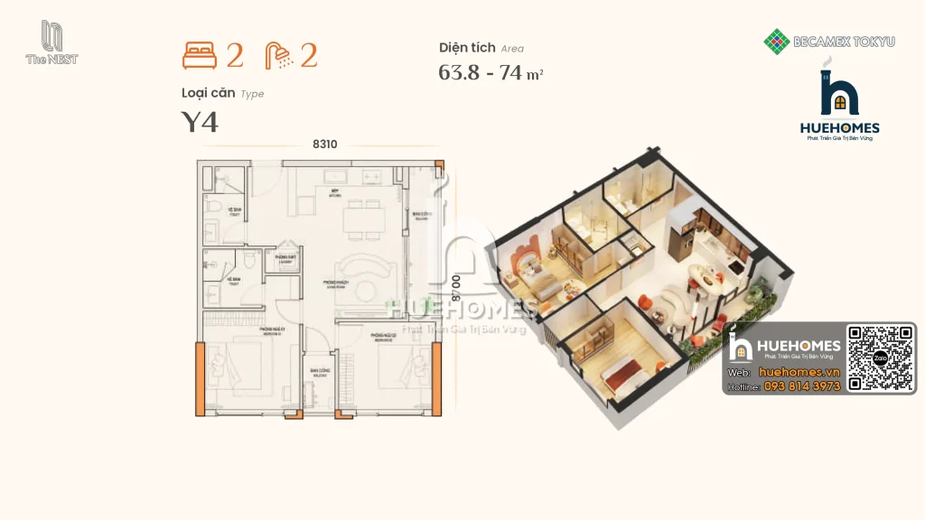 Mặt Bằng Và Phối Cảnh 3D Tổng Thể Căn Hộ 2 Phòng Ngủ Và 2 Vệ Sinh