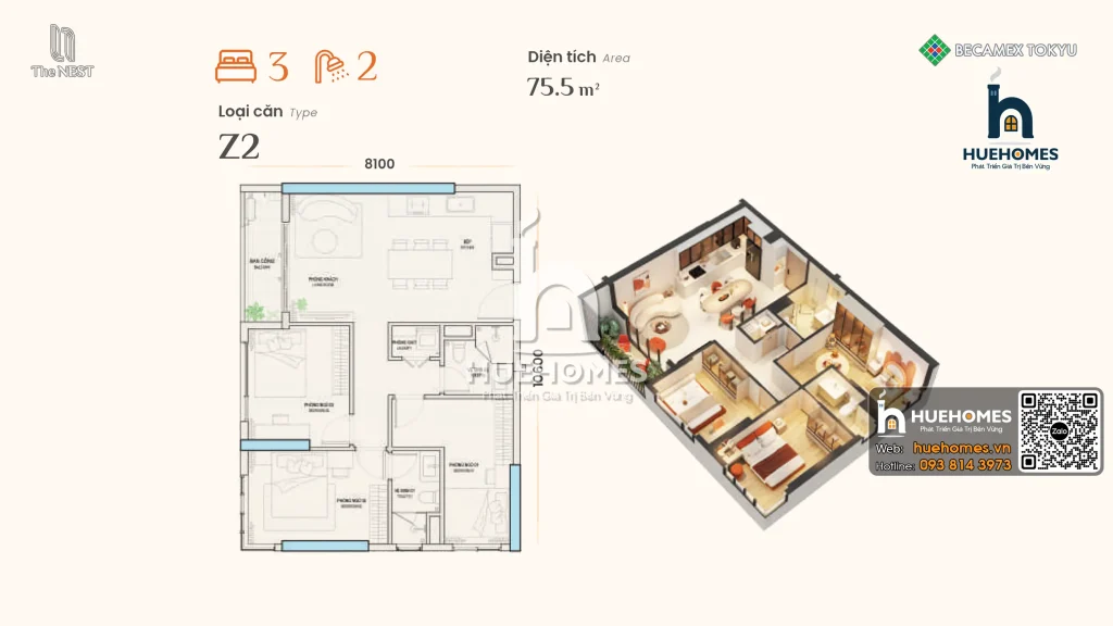 Mặt Bằng Và Phối Cảnh 3D Tổng Thể Căn Hộ 3 Phòng Ngủ Và 2 Vệ Sinh